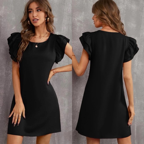 Ruffle frill layered short sleeve tunic dress business casual cocktail baby blue - Picture 3 of 11